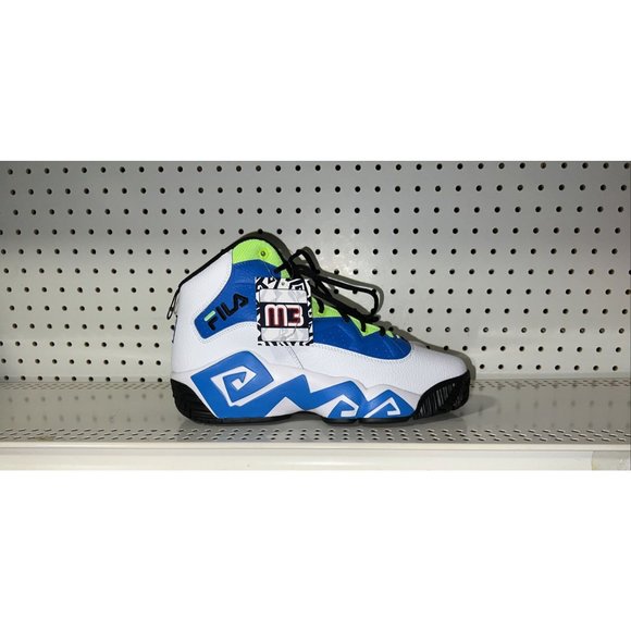FILA MB Mens Basketball Shoes Size White Blue Neon Green Jamal